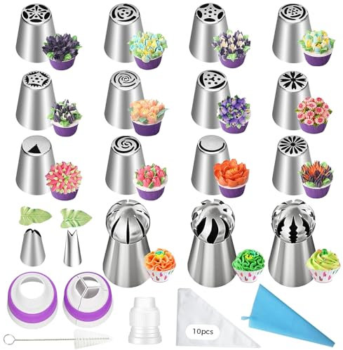 TAKUZA Spritzbeutel mit Tüllen, 32 STK Russische Spritztüllen Set, Spritztüllen Groß aus Edelstahl, Silikon Spritzbeutel Wiederverwendbar, 3-Farben-in-1 Adapter Zubehör, für Kuchen Dekoration