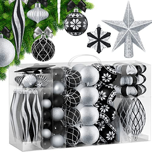 KESSER® Weihnachtskugeln 135-teiliges Set, mit Baumspitze Christbaumkugeln Kunststoff Bruchsicher mit Plastik Weihnachtsbaumkugeln Box Weihnachtsbaum Deko & Christbaumschmuck, Schwarz/Silber