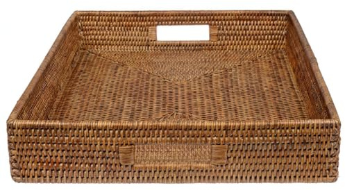 Kvadratisk bricka i rotting, rektangulär - stor serveringsbricka av naturlig rotting med handtag och hög kant - rottingbricka, korgbricka, dekorativ bricka (50 x 40 x 8 cm)