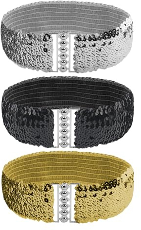 KRYMSON 3 st paljetter elastiska bälten, glitter retro bälte, personligt dambälte, svart, guld, silver, 58