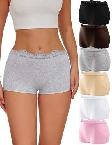 READY TO LOVE Boxershorts Unterhosen Damen Baumwolle Pantys Damen Spitze Unterwäsche Frauen Hipster Spitzenbund Weich Boyshorts Slip Damen Baumwoll Underwear Women Mehrpack 6er Pack