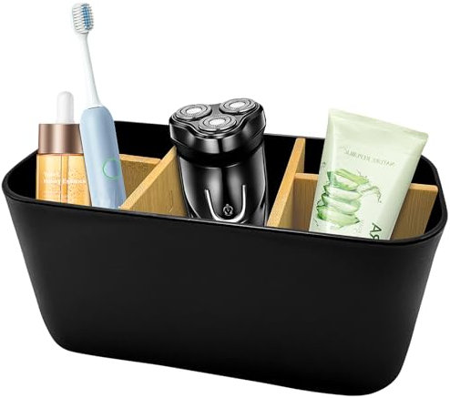 Xpieoyrm Porta Spazzolini Bagno in Bambù, Divisori per Portaspazzolini, Porta Spazzolini Bagno in Plastica con 5 Scomparti Regolabile, Multifunzionale Portaspazzolino Elettrico Smontabile Adatto
