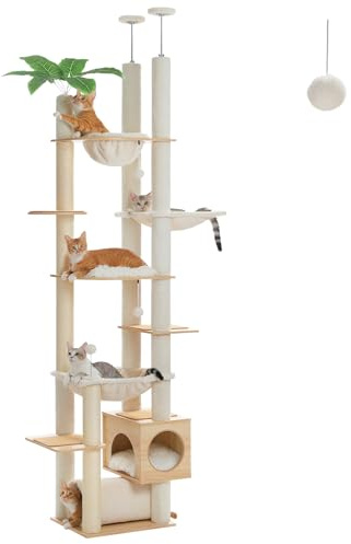 PAWZ Road Floor to Ceiling Cat Tree Tall with Height Adjustable(237-256cm), Wooden Cat Tower with 6 Sisal Scratching Posts, Cozy Condo, Large Hammock and Cat Tunnel for Indoor Cats Beige