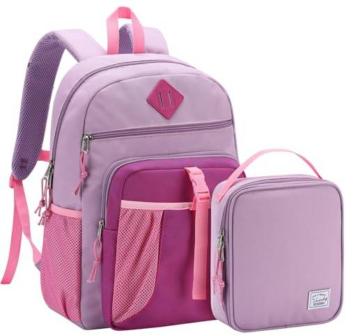 VASCHY Cartable Fille Primaire, Poches Multiples 2 en 1 Set de Sac à Dos Enfant Scolaire Grande Capacité avec Sac Isotherme Repas pour École Voyage Randonnée, Rose