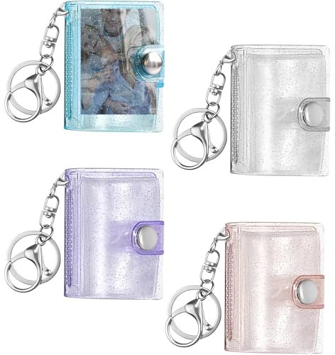 AONAYO 4 mini album fotografici, mini album fotografici, portachiavi con chiusura a moschettone, album fotografico portatile, 2 pollici, mini portachiavi per foto fai da te, carte (glitter multicolore