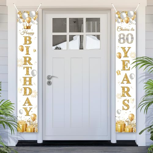 PartyYaa Bannière 80ème anniversaire, Décorations de porte pour 80ème anniversaire, Affiche de fond pour cabine photo de fête, Décoration de porte pour homme et femme (Blanc Or)