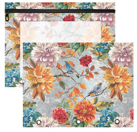 Bolsas plateadas para lápices de flores de otoño con cremalleras suaves, bolsillo de 3 agujeros para carpeta de 3 anillos, paquete de 2 suministros para el hogar para estudiantes