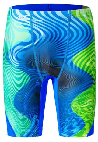 SURFEASY Boy's Jammer Swimsuit Youth Trainning Swim Jammers with Drawstring Endurance Kids Swimming Trunks Shorts(Green/Blue,M)