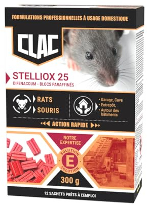 Clac Stelliox25 Raticide & Souricide Professionnel – Appâts Blocs Paraffinés Anti Rats et Souris – Efficace dès la 1ère Ingestion – Résistant aux Lieux Humides – Intérieur & Extérieur – 300 g