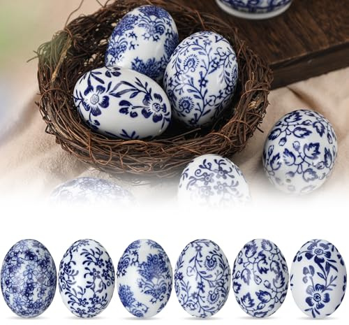 Bucherry 6 Pcs Ceramic Easter Eggs Decorations Blue and White Porcelain Color Eggs Chinoiserie Small Egg Decorative for Easter Basket Fillers Table Setting Spring Party Favors