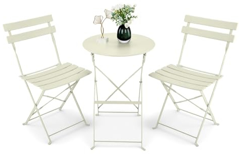 Bonnlo 3-Piece Folding Bistro Set, Outdoor Patio Table and Chairs, Compact Garden Furniture for Small Spaces Balcony Patio Garden, Beige, 50x50x71cm