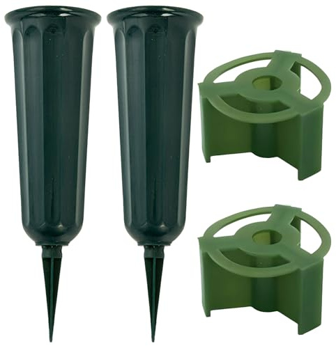 Valicaer Set di 2 vasi verdi per tomba, con spuntoni, per cimitero, decorazioni per tombe, porta fiori resistenti alle intemperie, con inserti a griglia