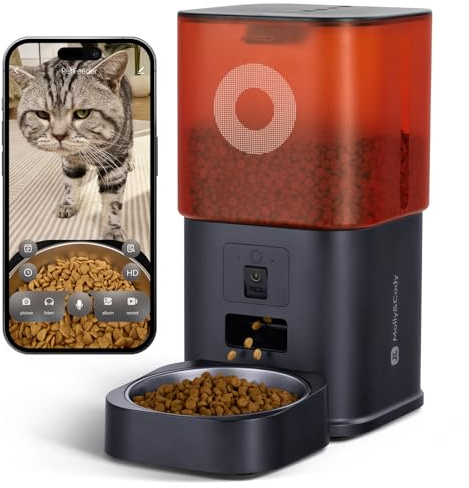 Distributore Automatico Cibo Gatti con Telecamera HD, Dispenser 6L WiFi 2.4G con App, Audio Bidirezionale e Visione Notturna, Timer, Doppia Alimentazione, Ciotola Inox (Nero)