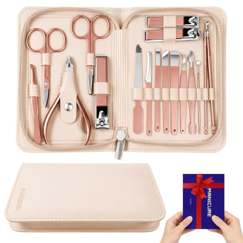 Wosyoodo Kit de Manicura y Pedicura Profesional 17 en 1 en Rosa, Set de Cortauñas de Acero Inoxidable con Estuche de Viaje Duradero, Portátil para Cuidado en Casa y Viaje, para Hombres y Mujeres