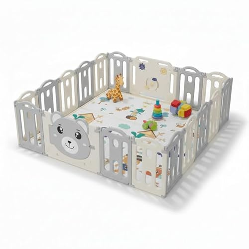 Parque Infantil de Plástico 185x185 cm, Valla para Bebés con 16 Paneles, Puerta y Paneles de Juego, Corralito Modular para Niños 1+, Interior y Exterior, Color Gris, 185 x 185 x 62 cm