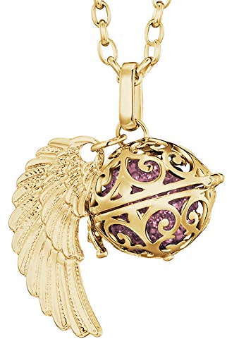 Morella collar ángel de la guarda de acero inoxidable oro 70 cm con colgante alas de ángel y bola de resonancia de color rosa 16 mm para damas en bolsa para joyas