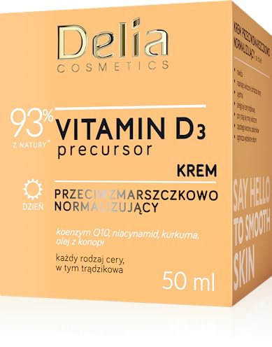Delia Cosmetics - Precursore della vitamina D3 - Crema da giorno normalizzante antirughe - Tutti i tipi di pelle, acneica - Idratante, Rassodante - Coenzima Q10 - Niacinamide - Curcuma - 50ml