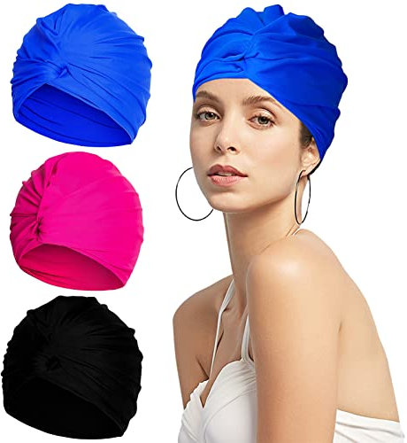 Badekappe Damen,Forreen 3 Stück Badehaube Lange Haare Kurz Haare Schwimmkappe Wasserdicht Bequemer rutschfest Plissierte Schwimmhaube für Strand, Badezimmer und Spa