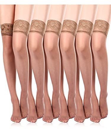 Geyoga 6 Pairs Women's Lace Thigh High Stockings over The Knee Stockings for Women Sheer Thigh High with Lace Top(Coffee Color,M)