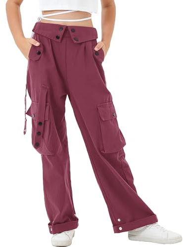 Rolanko Ragazze Pantaloni Cargo, Vita Alta Elastica con Tasche Multiple e Pantaloni a Gamba Larga per Bambini, Rosso, Taglia:160