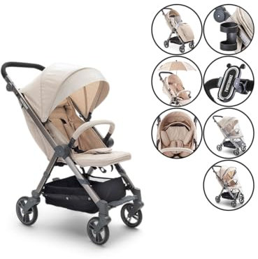 Twistshake 7 in 1 Faltbarer Kinderwagen | Getränkehalter + Handyhalterung + Moskitonetz + Regenschutz + Regenschirmhalter + Kopfstütze + Decke | faltbar - Leichter Kinderwagen | Kinderwagen | Beige