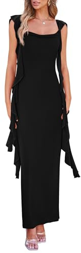 PRETTYGARDEN Women's 2025 Summer Wedding Guest Dress Sleeveless Ruffle Formal Cocktail Party Maxi Bodycon Dresses (Black,Small)
