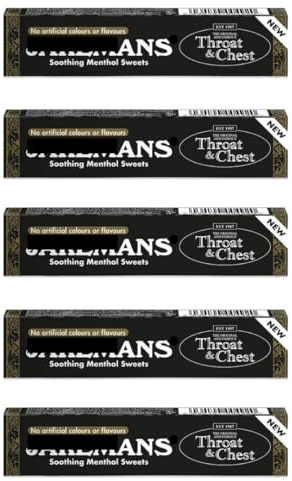 Throat & Chest Soothing Menthol Sweets Lozenges - Pack of 5 x 41g Bars