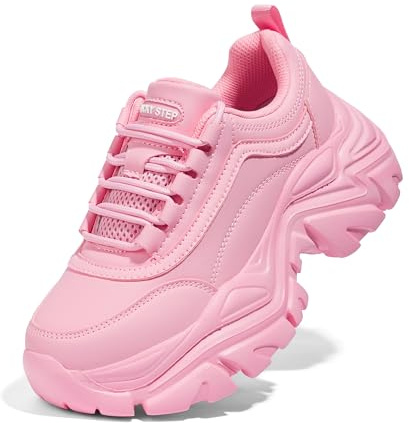 LUCKY STEP Dam Mode Tjocka Sneakers, Läder Pappaskor med Vinkelsula för Daglig Användning (Rosa, 11US-42EU-9UK)