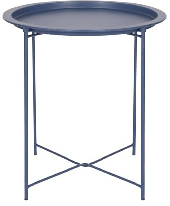 Harbour Housewares Round Tray Table with Removable Tray - Pack of 1 - Matte Navy Steel Bed Side Table Raised Lip Serving Dish Compact Collapsible Folding Stand for Bedroom, Home and Office
