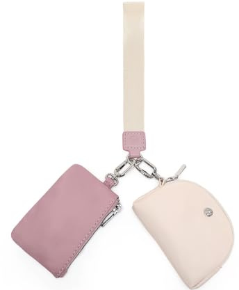 WSRYDJDL Mini dragkedja runt handledsväska plånbok för kvinnor avtagbar dubbel påse armband bärbar myntficka nyckelring liten handväska, Rosa + beige, Fritid, sport, mode, elegans