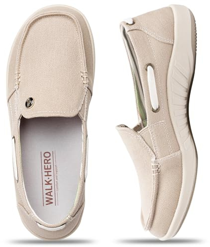 Womens Slip On Shoes - Casual Boat Loafers Shoes for Women with Arch Support - Plantar Fasciitis Canvas Sneakers for Daily Walking (09 Wide, Beige)