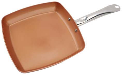 Depisuta Padella quadrata, padella antiaderente in alluminio a induzione in rame con manico lungo Mini padella padella per carni e verdure, lavabile in lavastoviglie, uso domestico