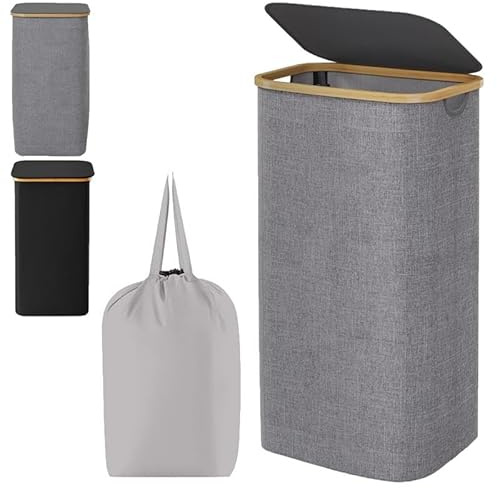 EVOKK Large Laundry Basket with Lid, Foldable Washing Basket for Laundry, Removable Inner Bag, Water-Resistant Oxford Hamper for Bedroom, Bathroom & Laundry Room (Grey)