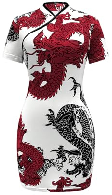 SOLY HUX Women's Cheongsam Dress Chinese Traditional Dragon Print Qipao Bodycon Mini Dress White Dragon X-Large