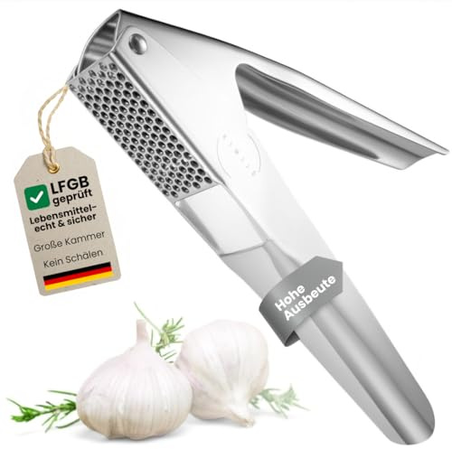 KIMIJO Knoblauchpresse aus Edelstahl - Spülmaschinenfest & rostfrei - Robuste & ergonomische Garlic Press für einfaches Pressen - Perfekt für frischen Knoblauch