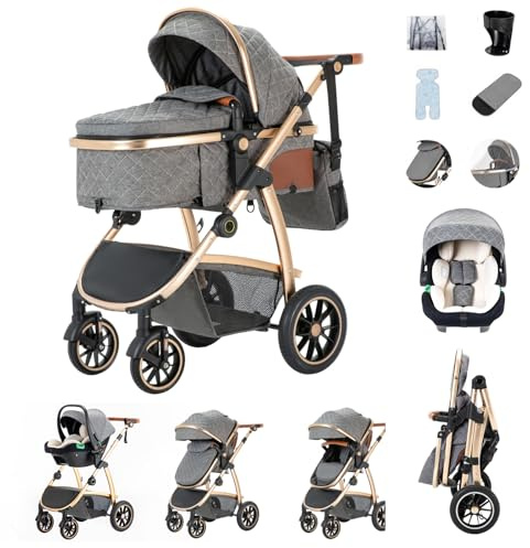 Zkiprm Cochecito 3 en 1, Sistema de Viaje con Asiento de Coche, Cochecito y Capazo, Carrito Ajustable en Altura, Silla de Paseo con mosquitero, Chasis de Aluminio, para niños de 0 a 4 Subgris