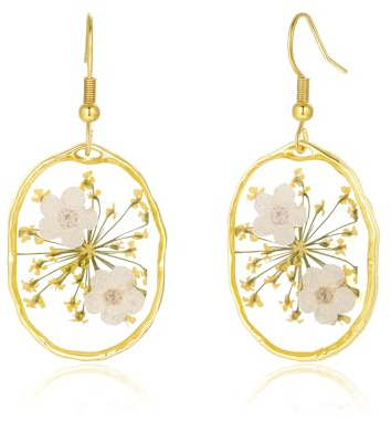 Boucles d'oreilles ovales en fleurs séchées de jonquille | Boucles d'oreilles pendantes élégantes pour femmes et filles | Bijoux en vraies fleurs séchées | Cadeau de naissance pour mars