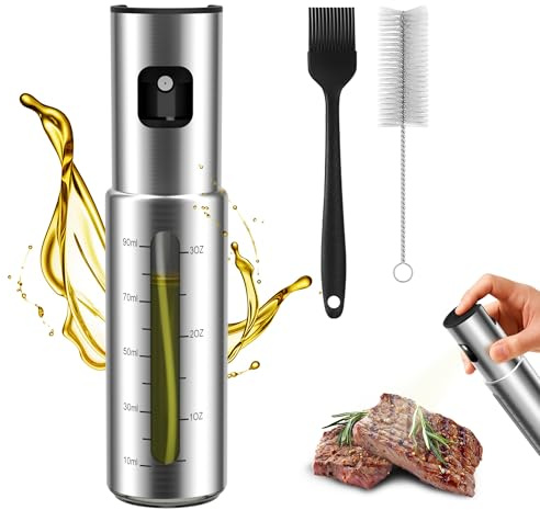KitchenBoss Spruzzino Olio per Friggitrice Aria: Spruzzatore Olio in Acciaio Inox 100ml con Spazzole Olio Spray per Insalate, Grigliate e Fritture