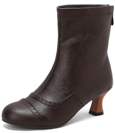 Eestfy Stivali al Polpaccio Vintage Donna in Pelle Forata Tacco Kitten in Legno retrò Casual Autunno Scarpe da Lavoro,Dark Brown,37 EU