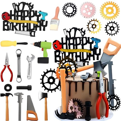 Kit de decoración de tartas, 20 herramientas para tartas de cumpleaños, destornillador, rodillo, sierra de mano, alicates, artículos de decoración para niños, fiestas de cumpleaños infantiles, fiestas
