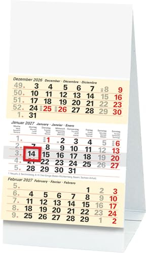 BRUNNEN Calendario de escritorio 3 meses 2027 | 100 × 120 mm, blanco/amarillo claro