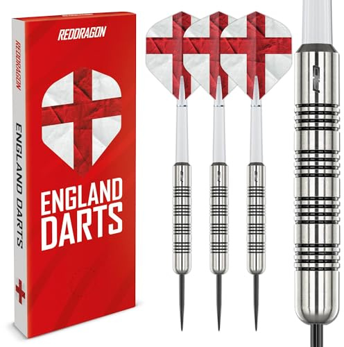 RED DRAGON Fly the Flag | Country Edition Steel Tip Darts Set | 24g Darts Set | 100-Micron Hardcore Flights | England | 32mm Steel Dart & Shafts
