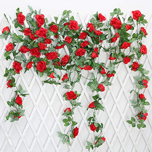 JUSTOYOU 2 Pack 7.2ft Artificial Fake Rose Garland Vines Colgando Flores de Seda para la Pared de la Boda al Aire Libre Interior Decoración del baño Badroom (Rojo)