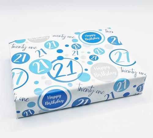 2 hojas + 2 etiquetas de regalo a juego para hombre 21 cumpleaños, color azul y blanco