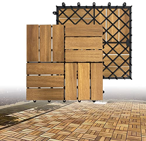 LZQ Dalles de balcon en bois d'acacia - 30 x 30 cm - Dalles de terrasse avec système à clic - 33 carreaux à clic avec grille de drainage pour jardin, terrasse, balcon (modèle B, 33 pièces = 3 m²)