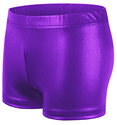 NewL Kids Girl Elastic Waist Shiny Metallic Ballet Dance Shorts Bottoms for Sports Yoga Gymnastic Workout (Purple)