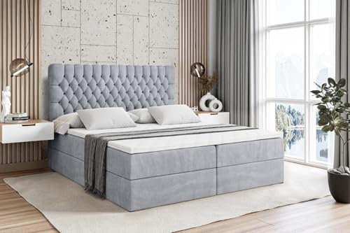 ALTDECOR Boxspringbett mit Matratze und Lattenrost, Boxbett, Topper, Polsterbett mit Bettkasten, Bett mit Stauraum H4-Matratze, Doppelbett, Springboxbett - Serene - 200x200 - Grau Monolith