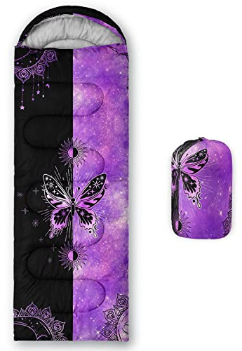 HOSIMA Sacos de dormir para niños y niñas, estampado de mariposas, color negro y morado, ligero, cálido, portátil, para exteriores, interiores, impermeable, resistente al frío, saco de dormir para