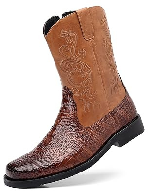 Santimon Men's Crocodile Western Cowboy Boots, Side Zipper, Mid Calf Wide Square Toe Boots Brown 10 US