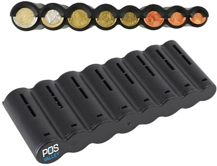 POS Valley 8 Euro Kleingeld Sortierer - Münzsortierer für Einfache Münzen Aufbewahrung - Münzbox hält 216 Euro-Münzen - mit Sichtfenster - Münzhalter für Taxi Zubehör, Zuhause usw. - 20x7.95 cm